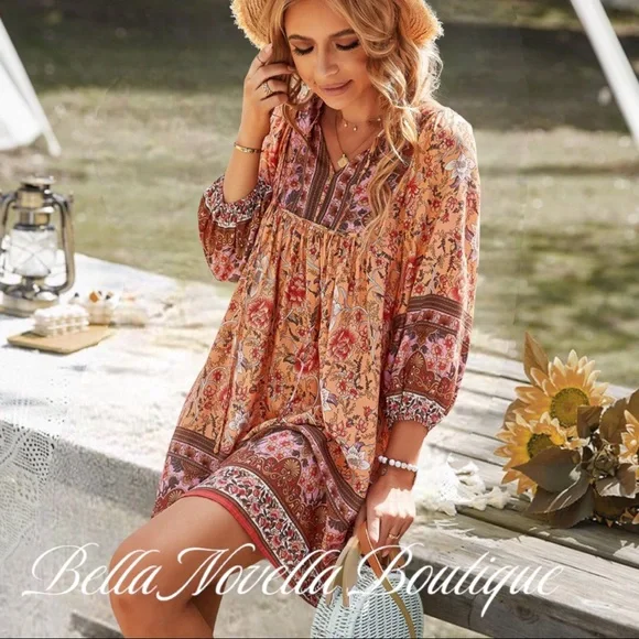 Boho Orange & Pink Floral V-Neck Peasant Dress
